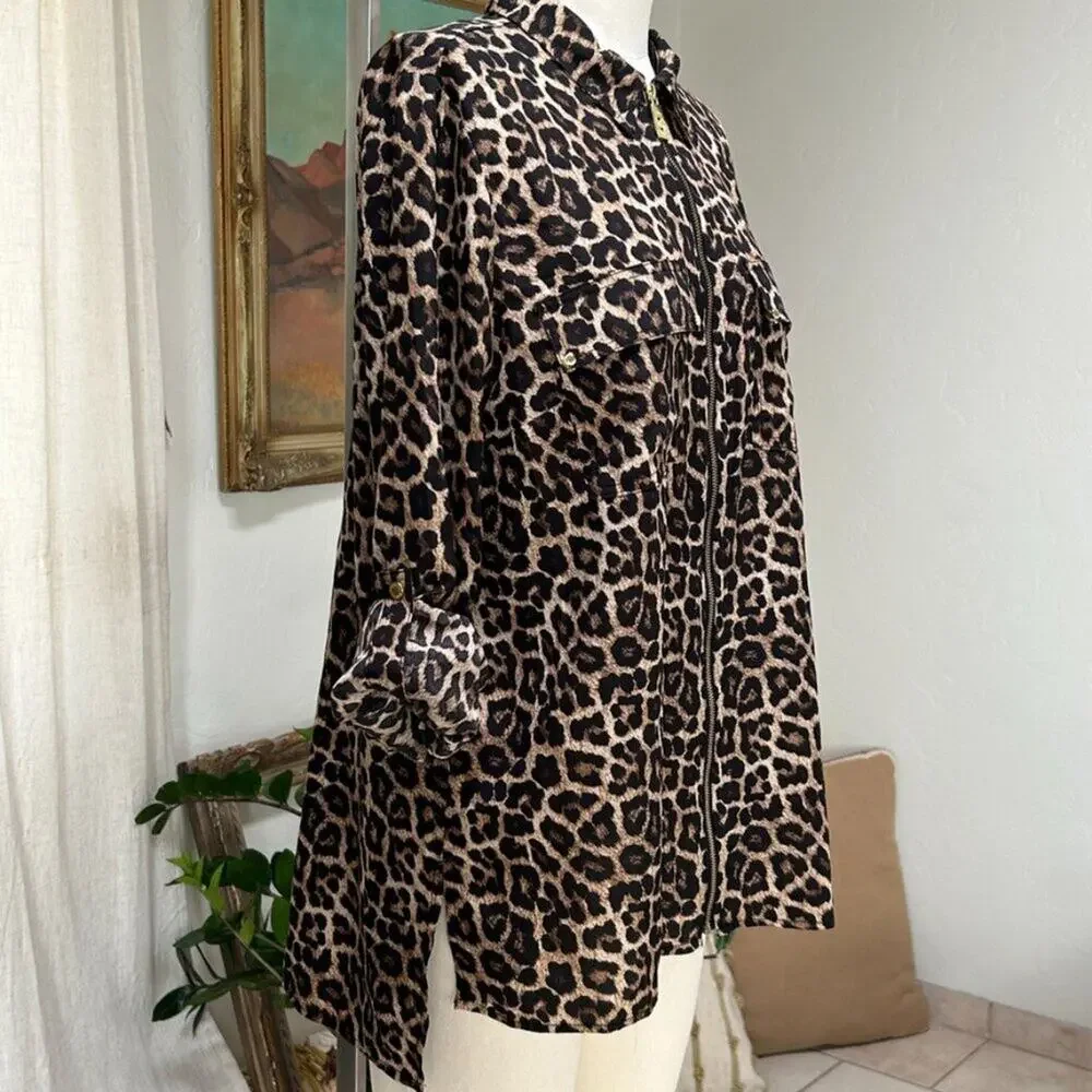 Michael Kors Leopard Animal Print Top Womens L Zip Up Blouse Lightweight Luxury